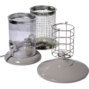 Weiße Dobar Multifunktions-Futtersäule aus Metall mit Acrylglas und Futterkorb.