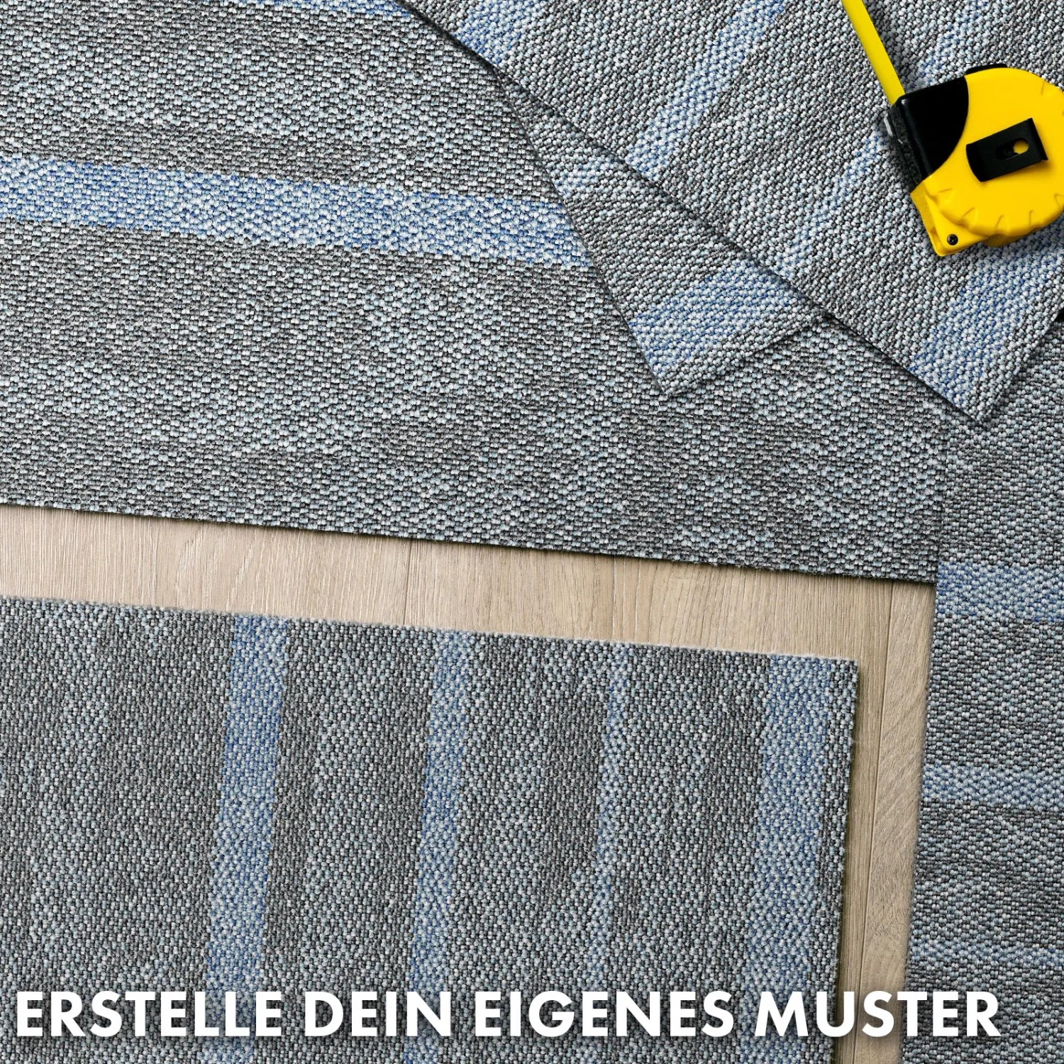 Blaue Teppichfliesen Zürich, 50x50 cm, zur individuellen Mustergestaltung mit Maßband.