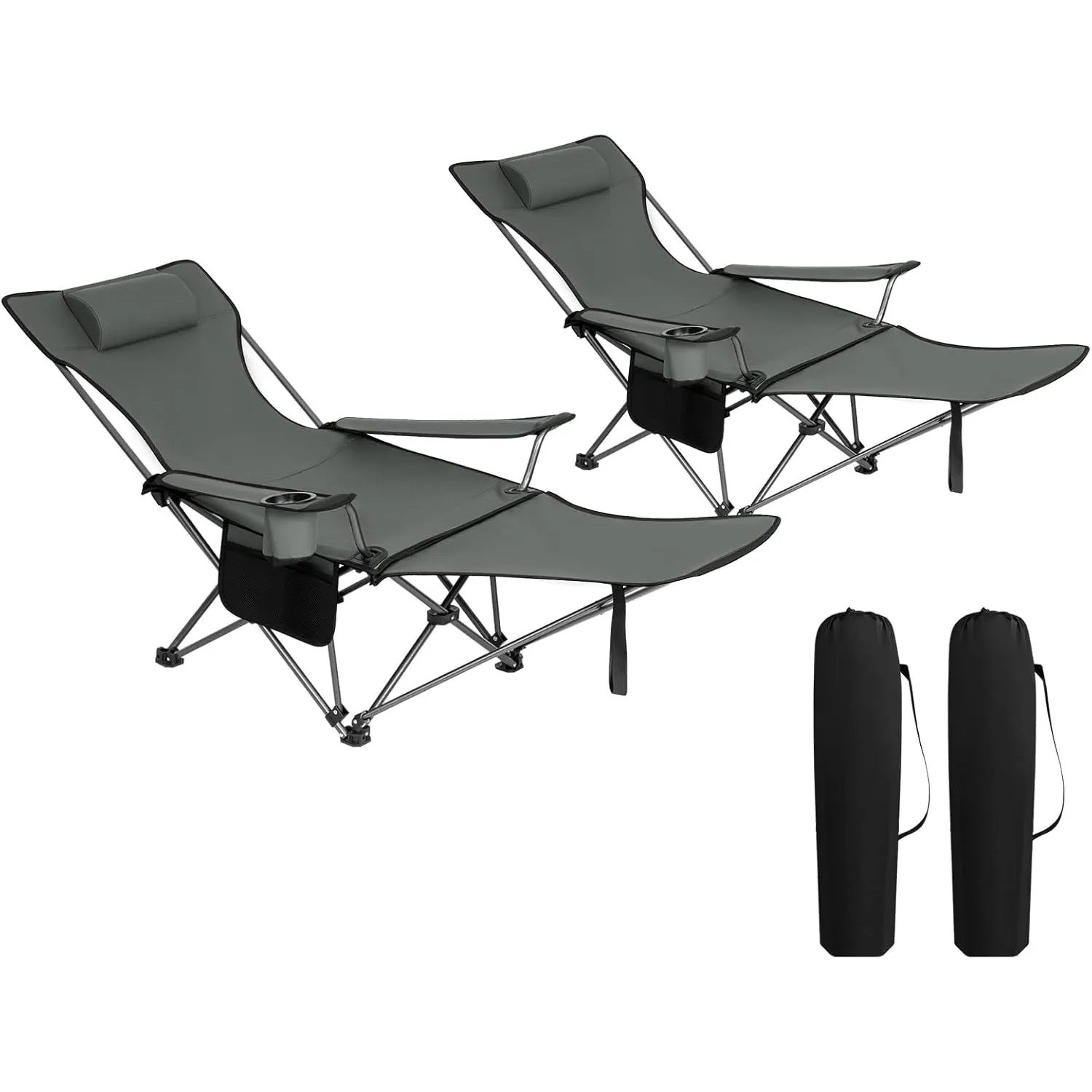 WOLTU Campingstuhl 2er Set mit Lehne Fußstütze Getränkehalter Oxford-Gewebe Grau