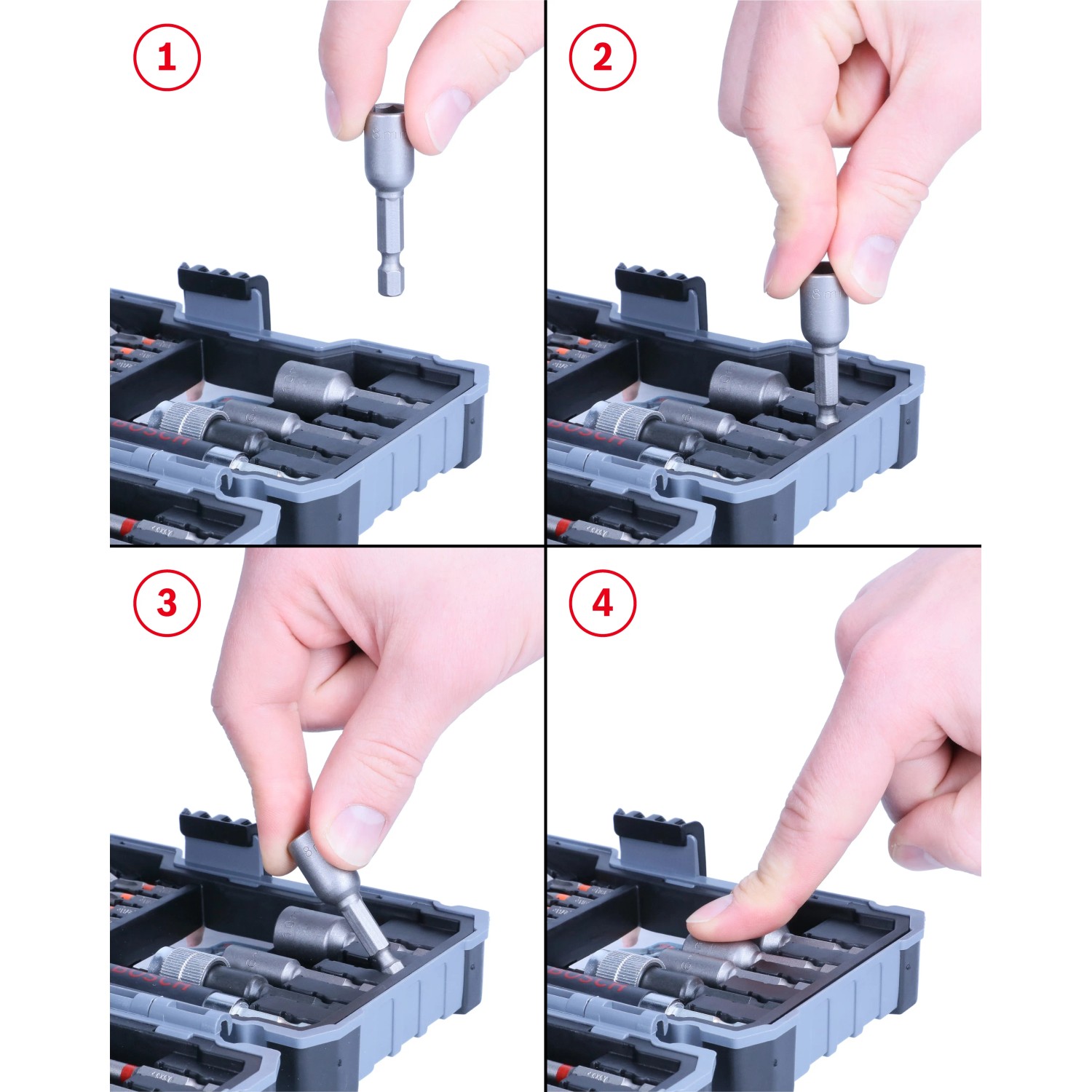Bosch Betonbohrer-/Bit-Set, 35-tlg., Handhabung der Bits im Detail gezeigt.