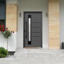 Moderne, anthrazitfarbene Splendoor Sicherheits-Haustür Berlin Prime RC2 mit Glaseinsatz und Edelstahlgriff.