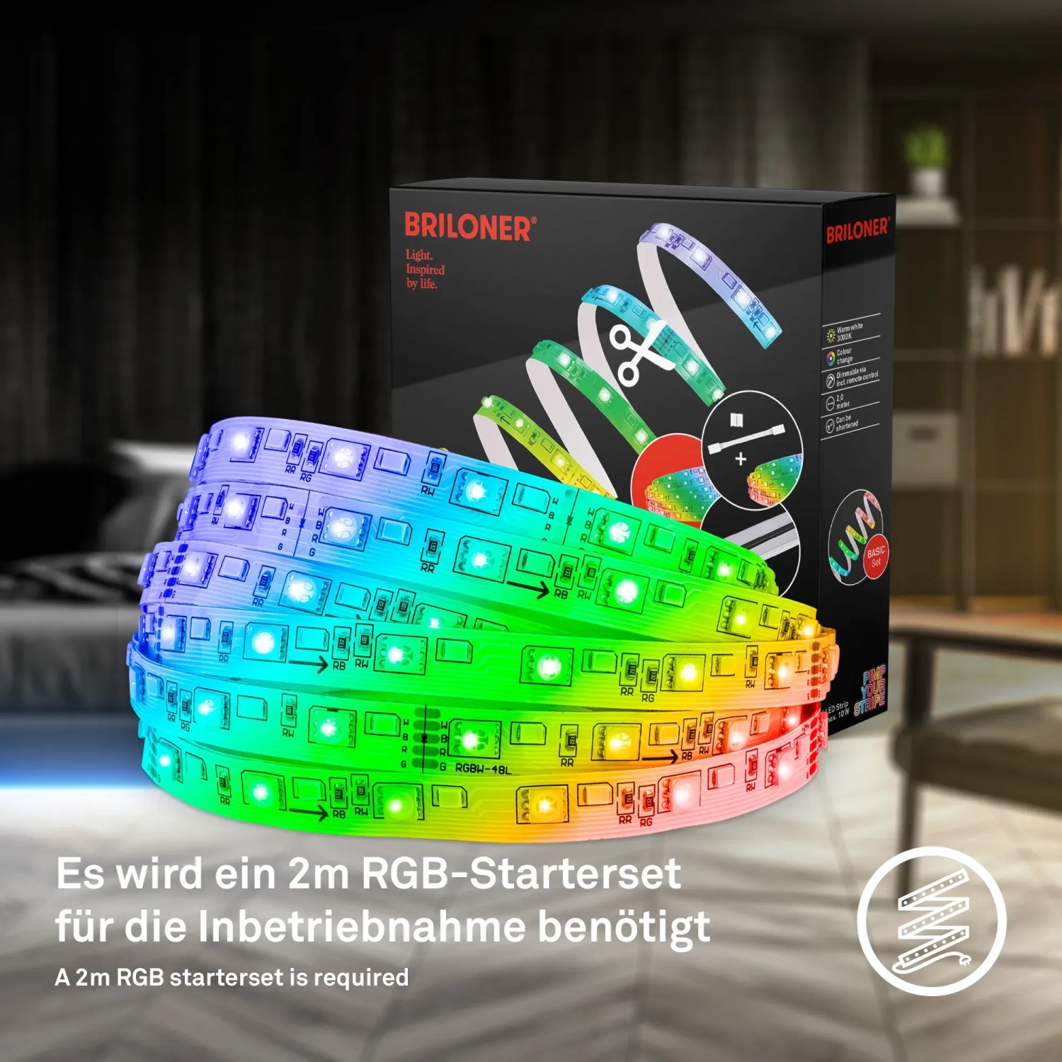 Briloner LED-Band Erweiterungs-Set, 4m RGB/W, mit Verpackung. Flexibler Lichtstreifen für stimmungsvolle Beleuchtung.