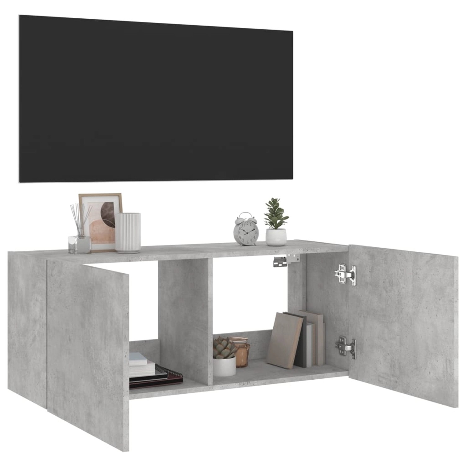 VidaXL TV-Wandschrank, Betongrau, 100x35x41 cm, mit LED-Leuchten, offene und geschlossene Fächer.