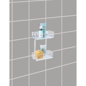 Wenko Vacuum-Loc Wandregal Quadro mit 2 Etagen aus Edelstahl, befüllt mit Badartikeln.