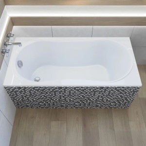 Weiße Rechteck-Badewanne GRACJA 140x70 mit Wannenträger, Ablauf und Füßen, in modernem Bad mit Mosaikfliesen.