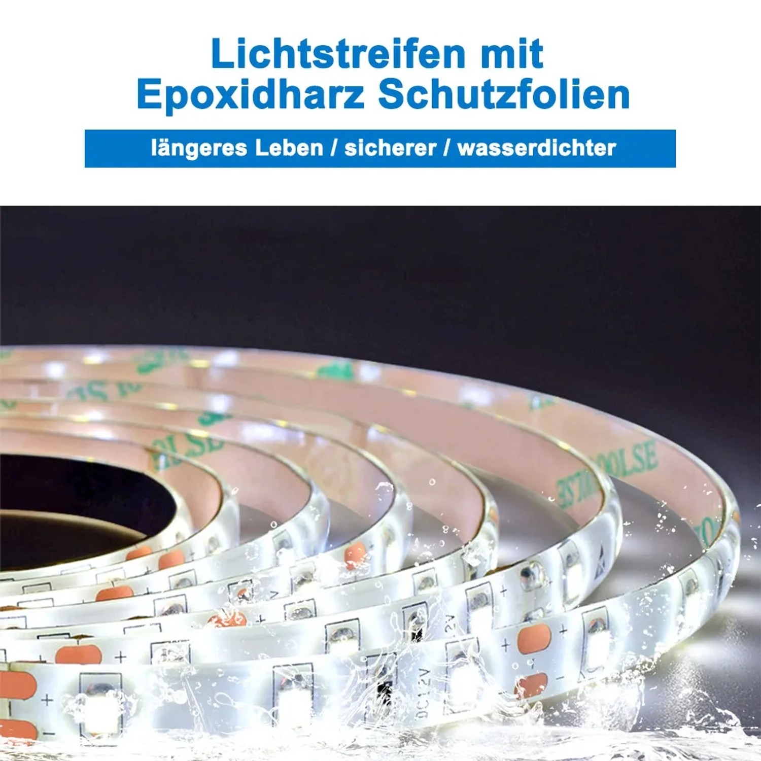 Detailaufnahme eines wasserdichten LED-Lichtstreifens für Aica Sanitär Badspiegel.
