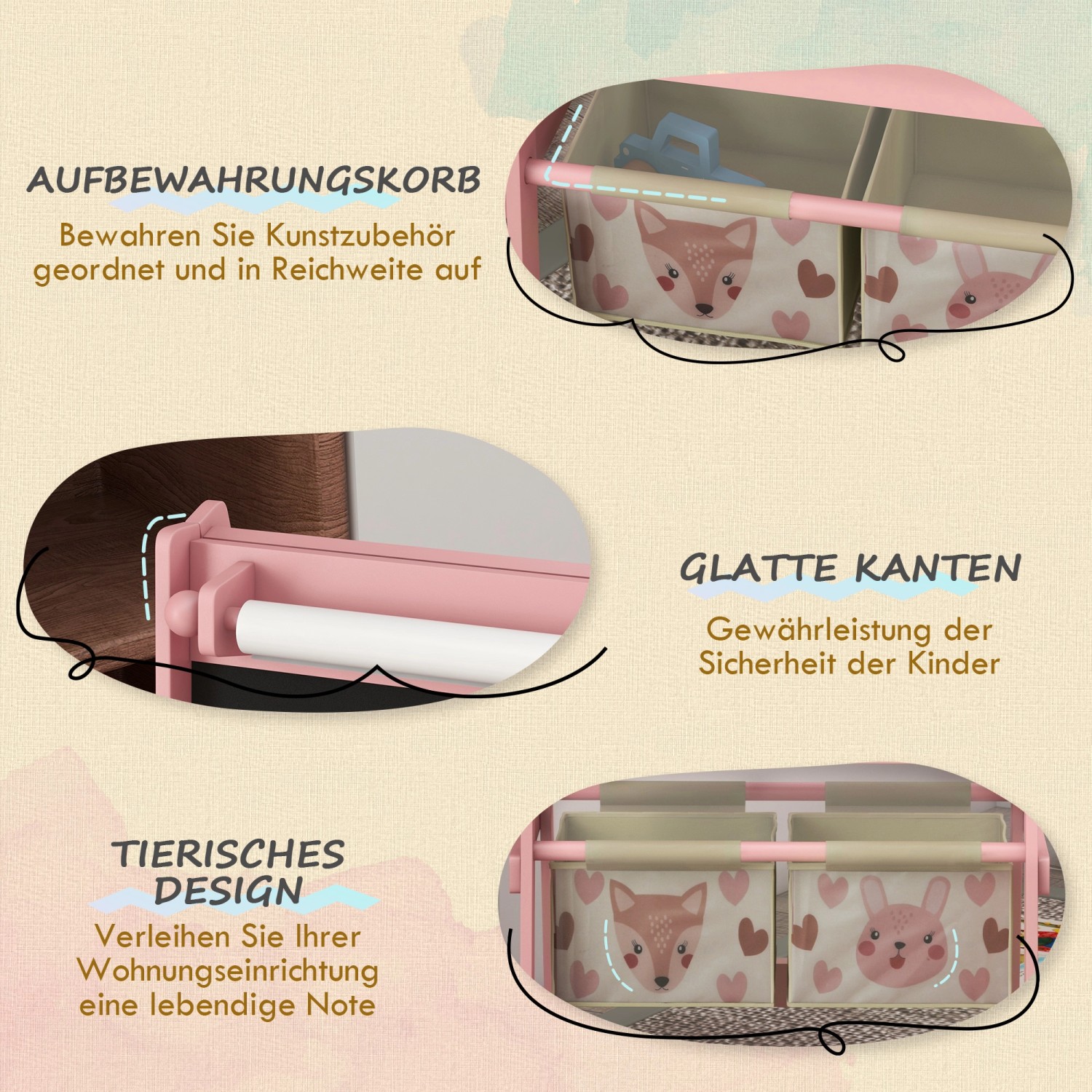 Details der AIYAPLAY Kindertafel: Aufbewahrungskörbe, Papierrolle und Tierdesign.