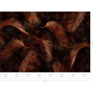 Erismann Fototapete Guido Maria Kretschmer Glossy Palms Bronze, 4,0x2,7m, mit glänzenden Palmblättern auf dunklem Grund.