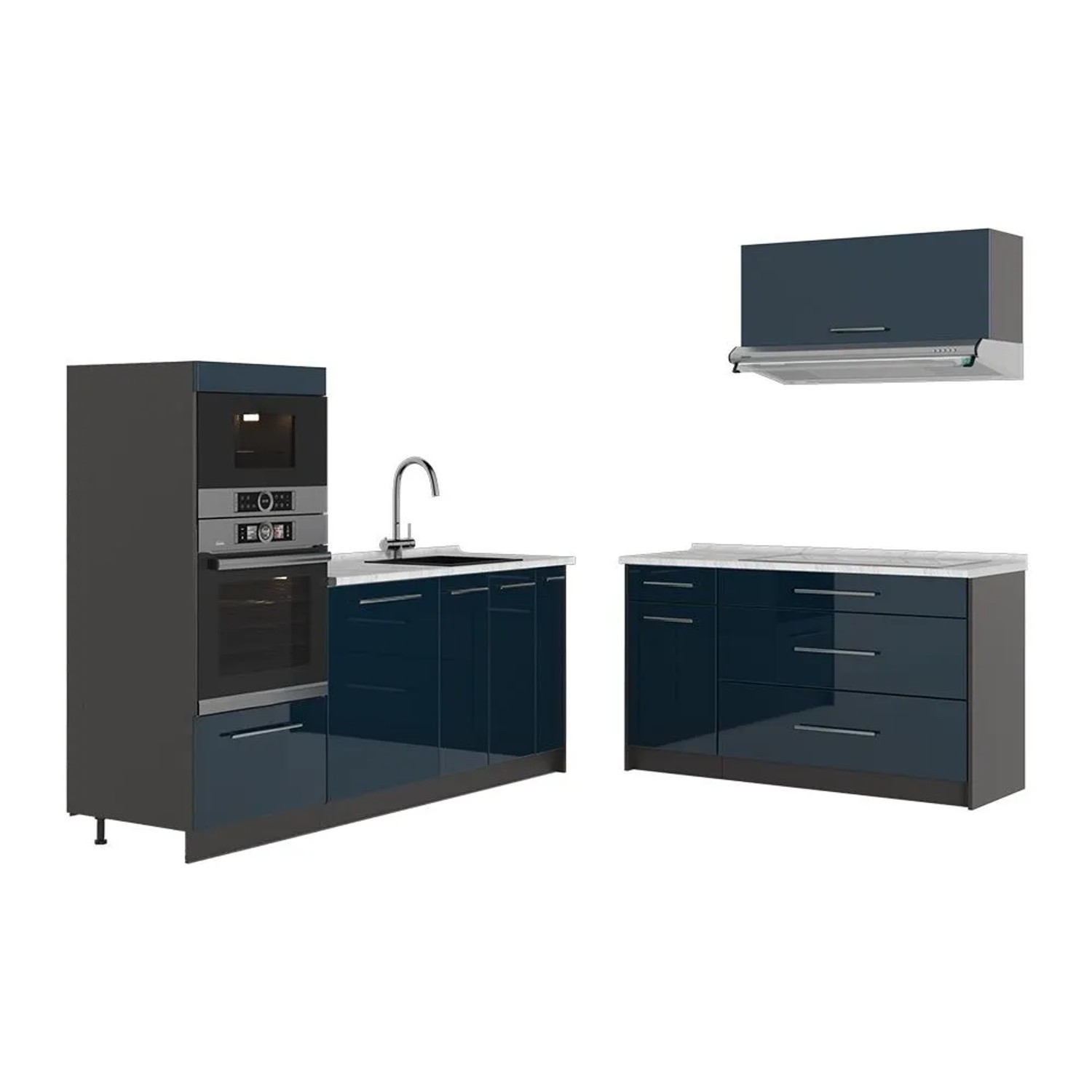 Vicco Küchenzeile Fame-Line Dunkelblau Hochglanz/Anthrazit 340 x 154 AP Marmor Art Nr 63871