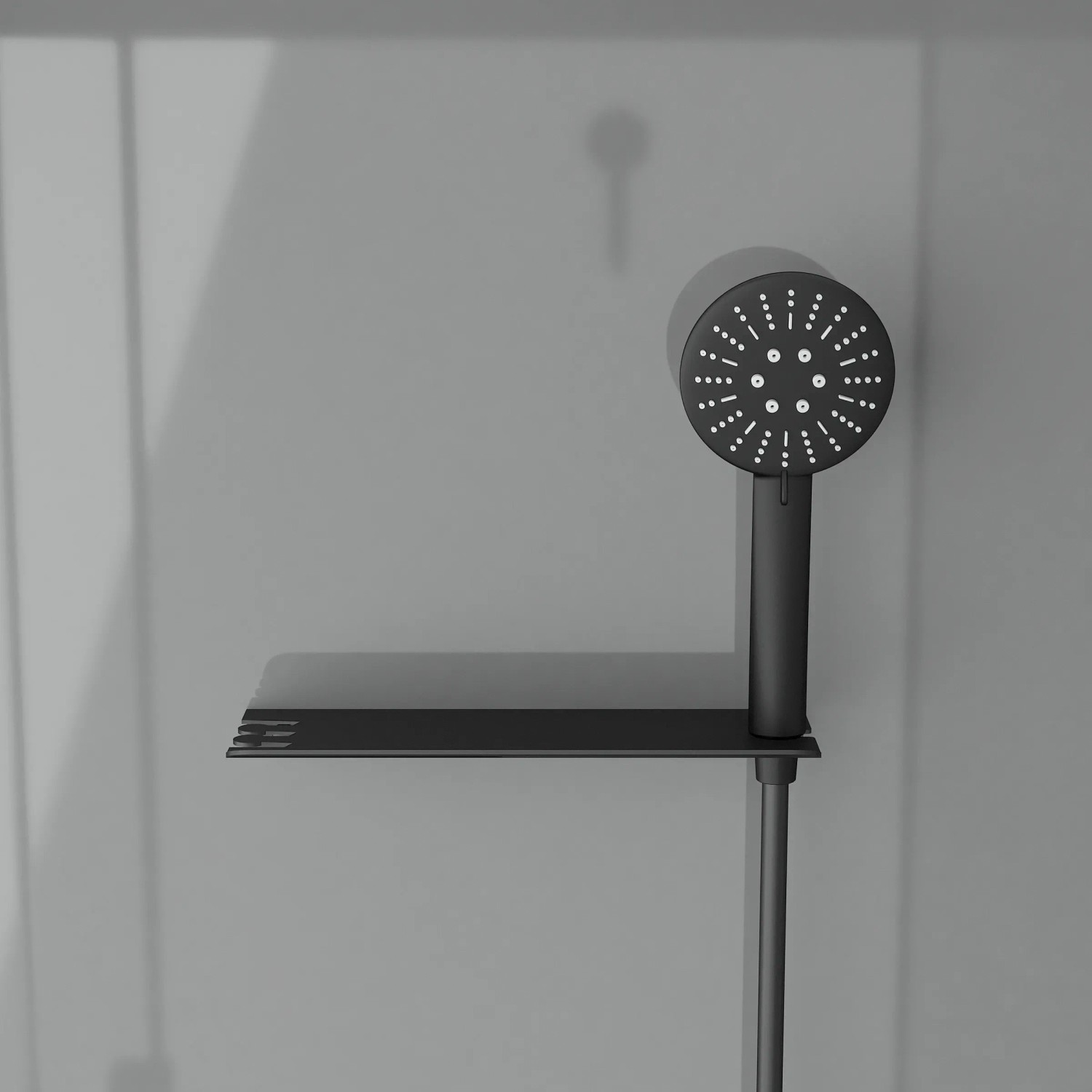 Detailaufnahme: Aurlane Komplettdusche Grey Touch mit Handbrause und Ablage in Mattschwarz.