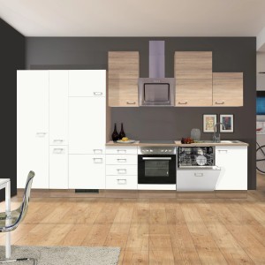 Flex-Well Küchenzeile Florida, 360 cm, Weiß/Sonoma Eiche, mit E-Geräten wie Herd, Spüle und Geschirrspüler.