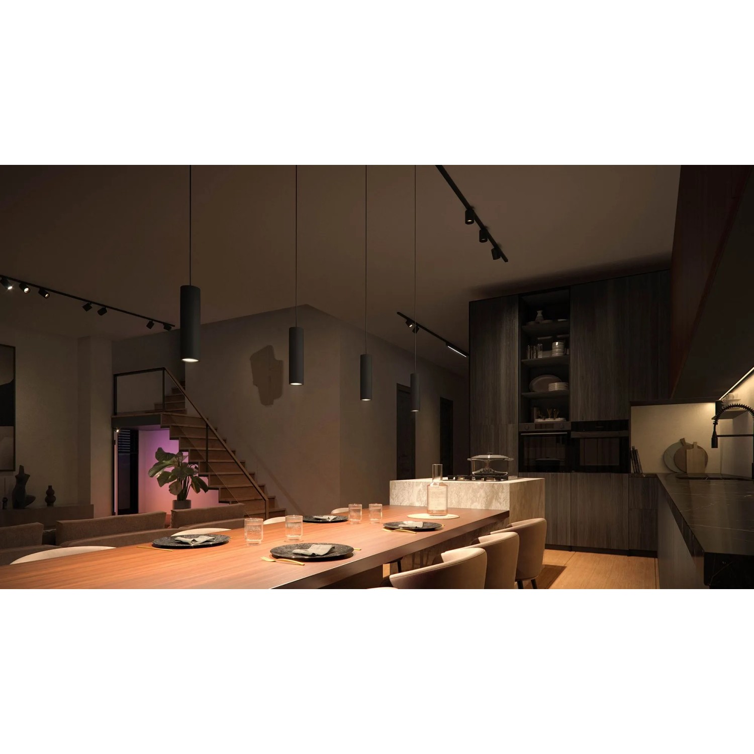Schwarze Philips Hue Perifo LED-Pendelleuchte, 3-flammig, über Esstisch in moderner Küche.