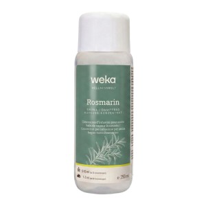 WekaPur Rosmarin Sauna- & Dampfbadduft Konzentrat, 250ml Flasche mit grünem Etikett, Rosmarinzweig.