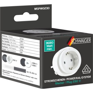 Schwaiger Stromschienen-Plug MSPW0230, weiß, mit USB-C und USB-A Anschluss.