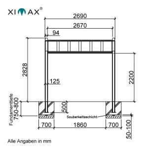 Technische Zeichnung: Ximax Flachdach-Carport My-Port 7 Typ 2751 mit Maßangaben.
