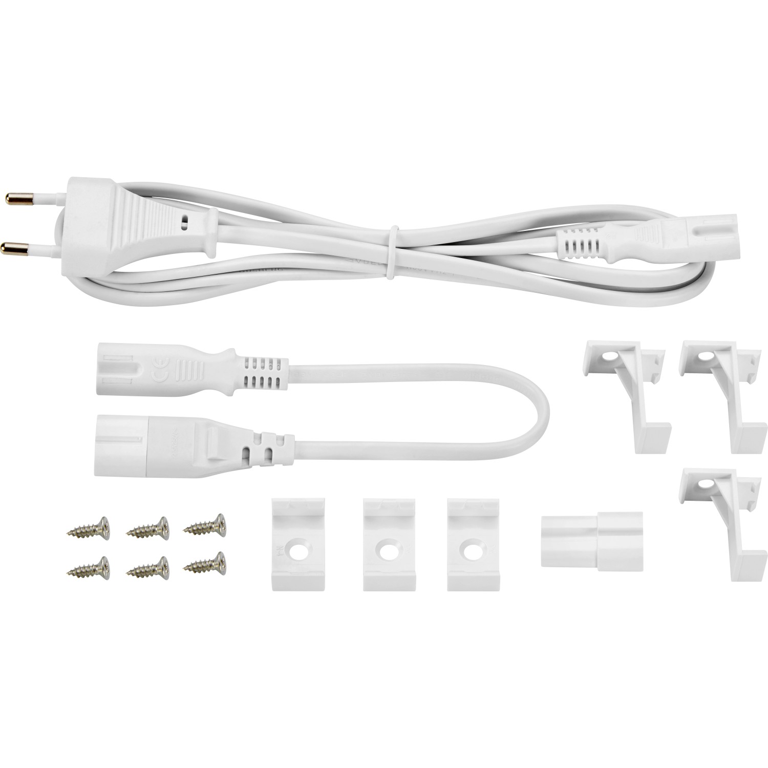 Zubehör für LED-Lichtleiste: Kabel, Verbinder, Schrauben und Halterungen.