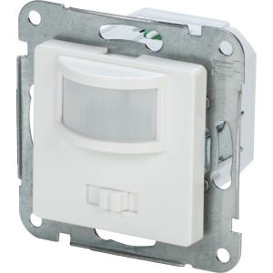 Weißer OBI Unterputz Bewegungsmelder Fortuna mit Metalleinfassung und Schalter.