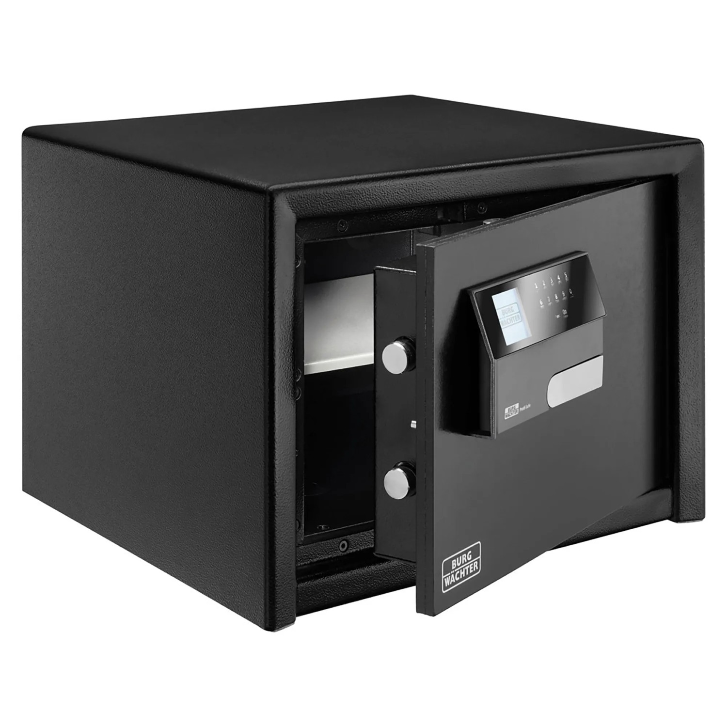 Burg-Wächter Profi-Safe PRS 520 E, Tresor mit Elektronikschloss, schwarz und geöffnet.