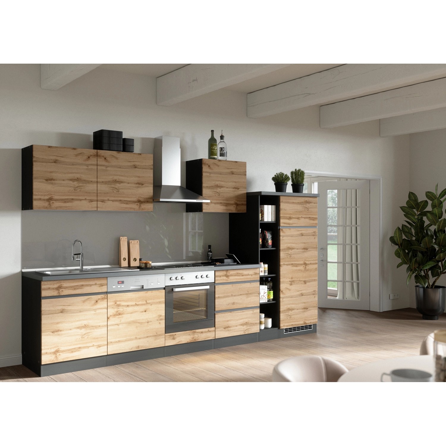 Held Möbel Küchenzeile Turin 330 cm Wotaneiche-Graphit mit E-Geräten