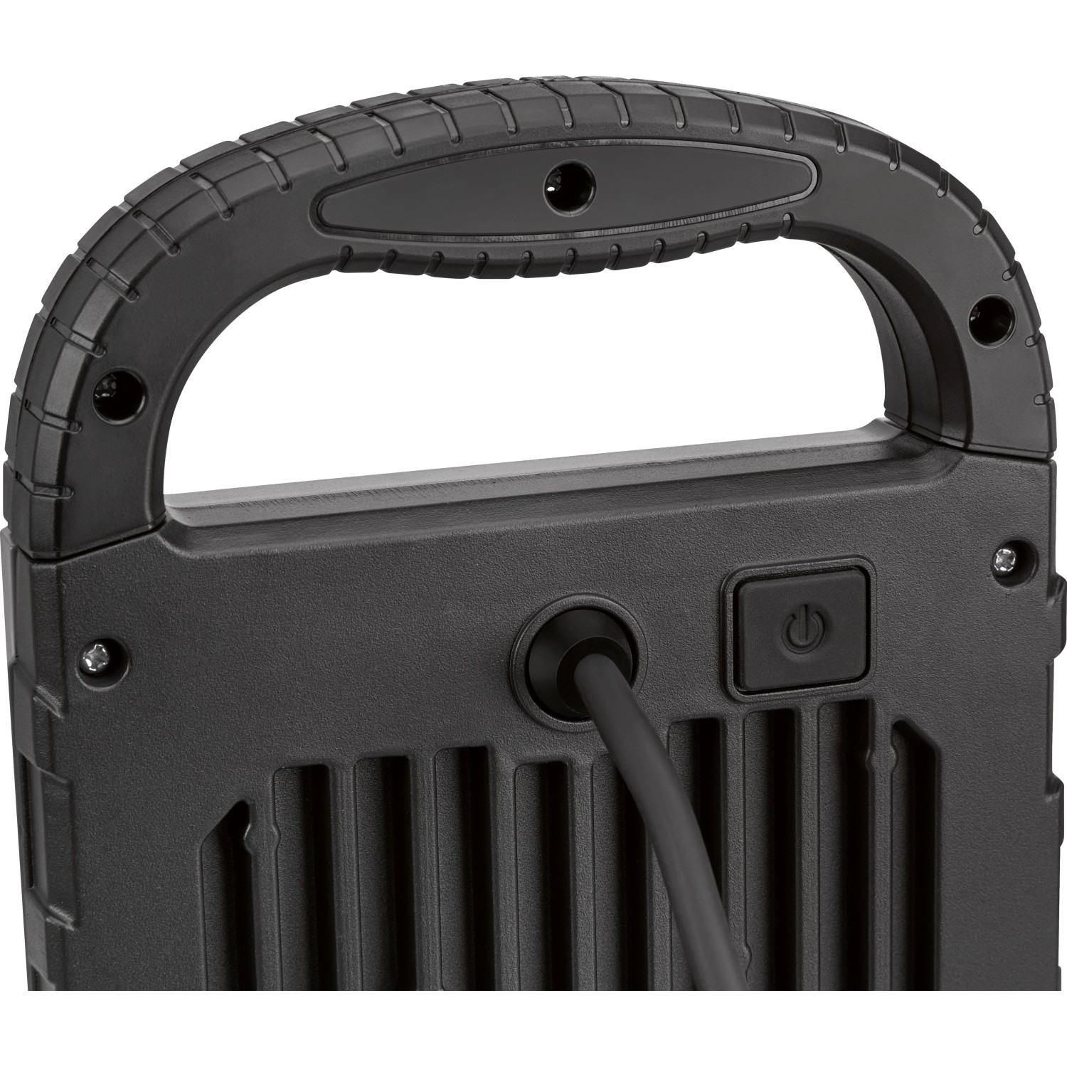 Detailansicht der schwarzen LED Arbeitsleuchte 30W mit Tragegriff und Ein-/Ausschalter.