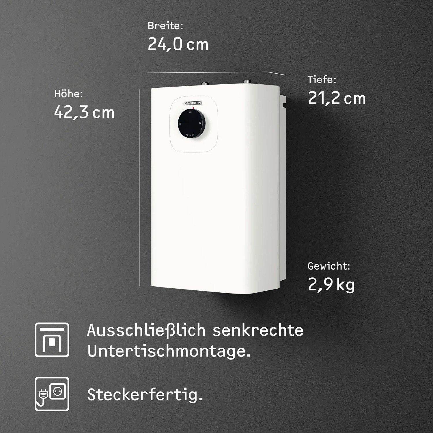 Stiebel Eltron UFP 5 TREND druckloser Kleinspeicher, 5 l, weiße Ausführung, Maße und Gewicht.
