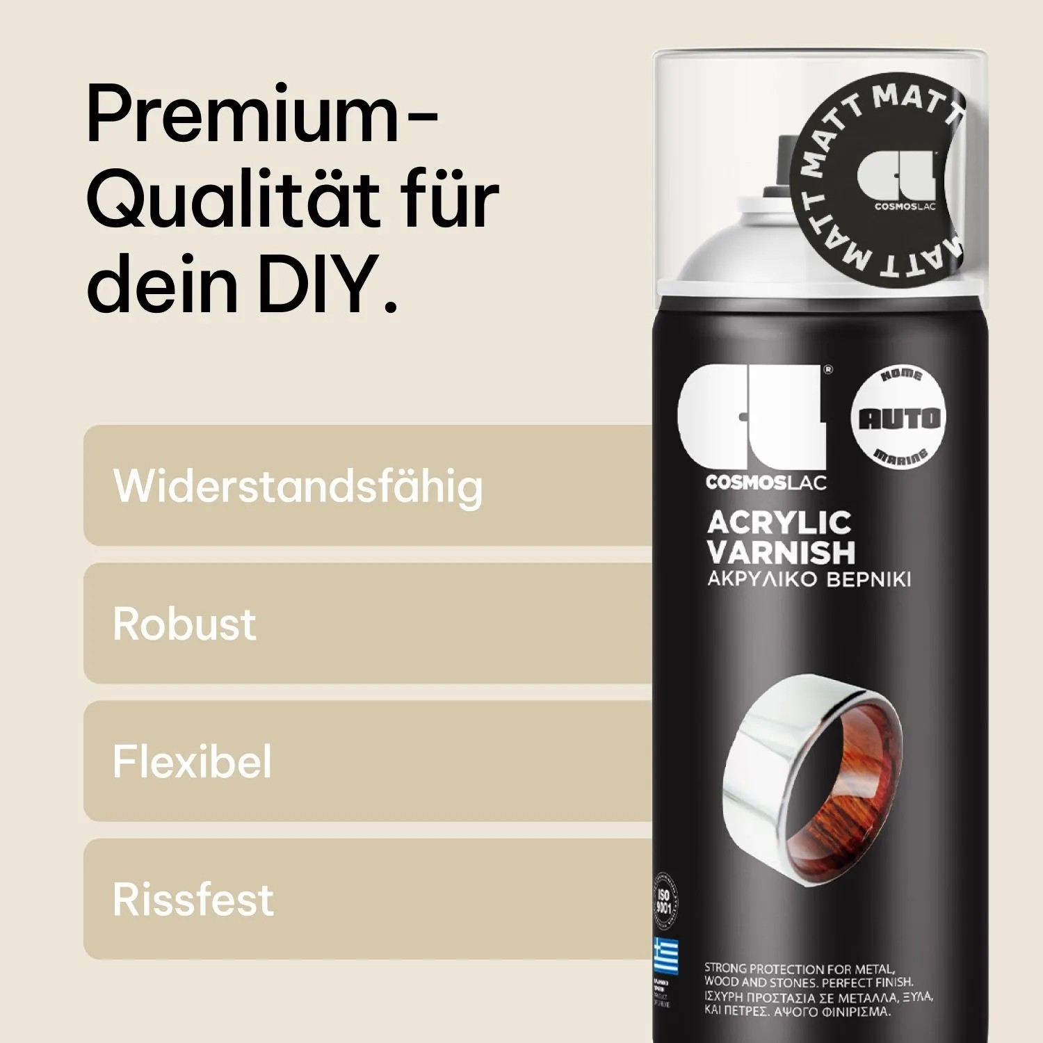COSMOS LAC Klarlack Spray Matt 400ml. Schwarze Dose, mattes Finish. Schützt Holz, Metall, Kunststoff. Robust, flexibel.