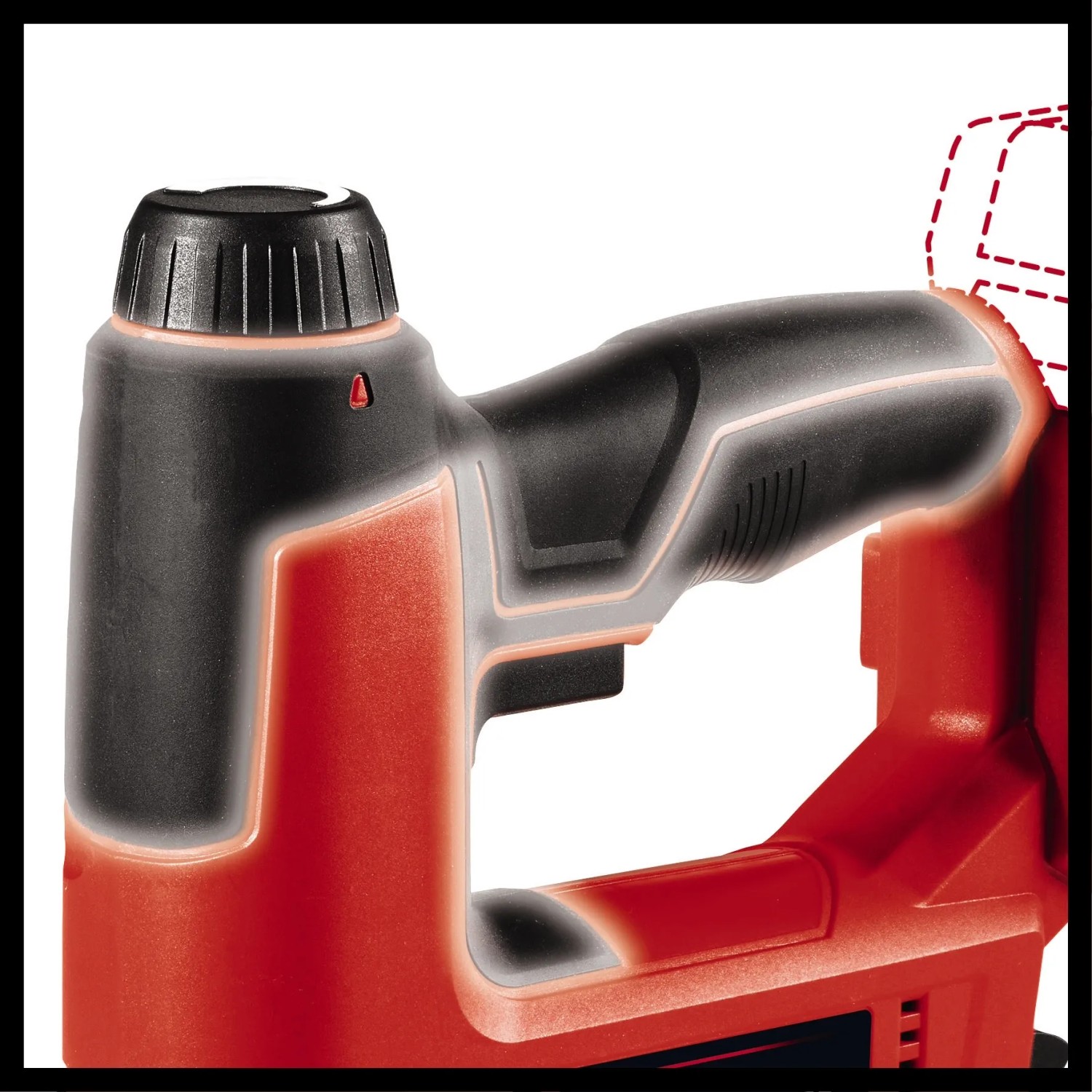 Detailaufnahme: Einhell Akku-Nagler/Tacker TE-CN 18 Li Solo, Griff und Einstellrad im Fokus.