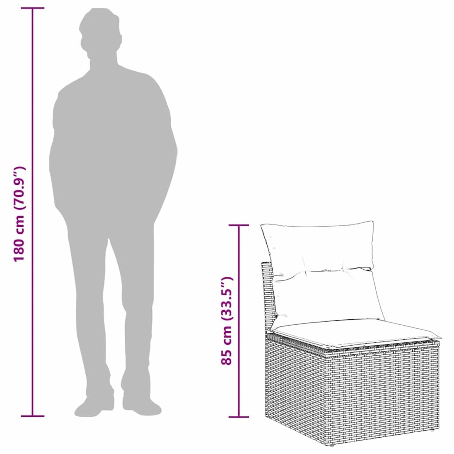 Skizze eines braunen vidaXL Garten-Sofa-Sets mit Maßangaben und einer Person zum Größenvergleich.