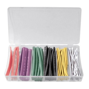 Buntes Schrumpfschlauch-Set, 100 Stück, in Sortierbox für Elektroinstallation.
