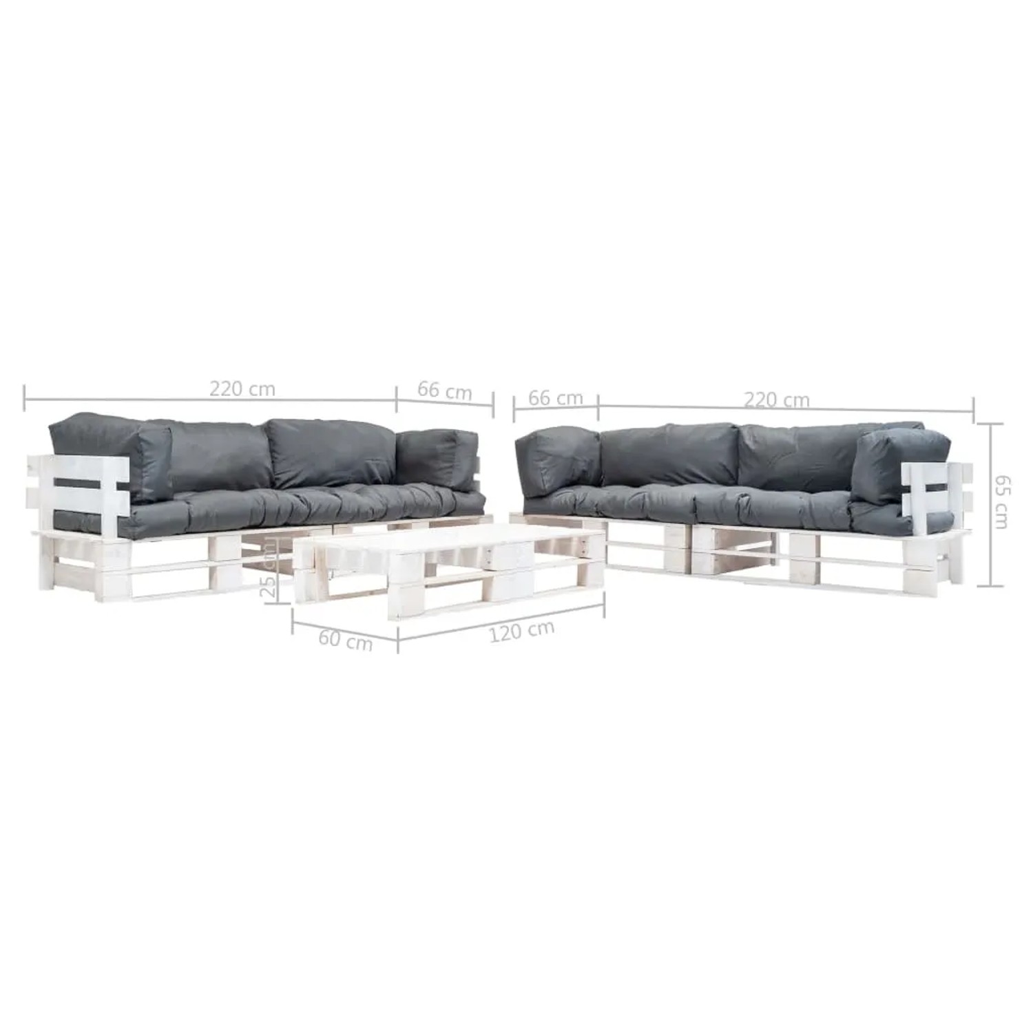 vidaXL Paletten-Lounge-Set, 6-teilig, grau, Holz. Gartenmöbel-Set mit Sofas, Tisch und Kissen.