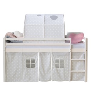Homestyle4u Hochbett 90x200 mit Vorhang und Tunnel, weiß mit grauen Sternen.