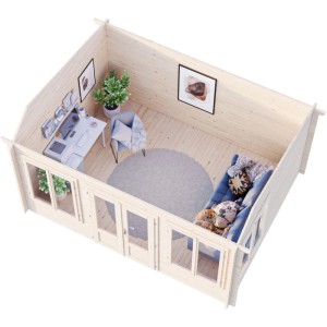 Innenansicht Palmako Gartenhaus Claudia Pent 400x300 cm: Büro und Sitzecke im Holzhaus.