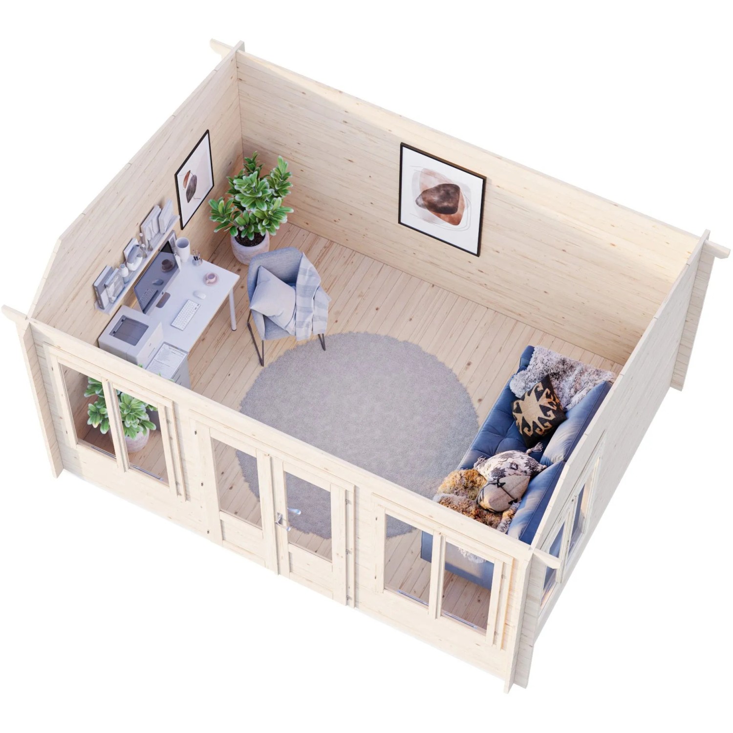 Innenansicht Palmako Gartenhaus Claudia Pent 400x300 cm: Büro und Sitzecke im Holzhaus.