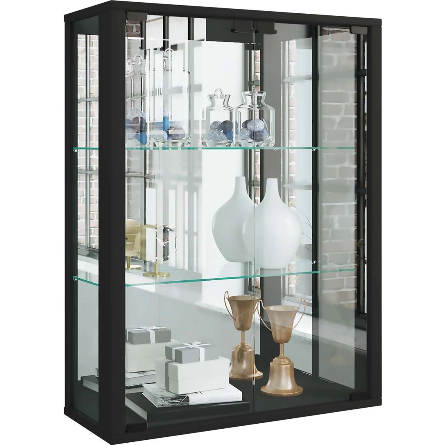 ebuy24 Udina Vitrinenschrank Wandhängend mit Spiegel 2 Glastüren Inkl LED-L günstig online kaufen