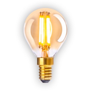 Näve E14 LED-Leuchtmittel Globeform, 3,9W, warmweiß, 5er Set. Goldfarbene Glühbirne mit sichtbaren Filamenten.