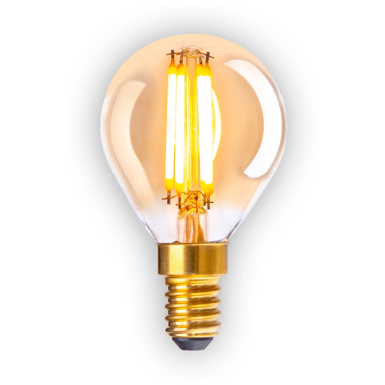 Näve E14 LED-Leuchtmittel Globeform, 3,9W, warmweiß, 5er Set. Goldfarbene Glühbirne mit sichtbaren Filamenten.