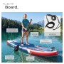 Frau auf Tectake Stand Up Paddle Board Poseidon auf See. Zeigt Paddel, Kamerahalterung, Fußschlaufe, Ventil.