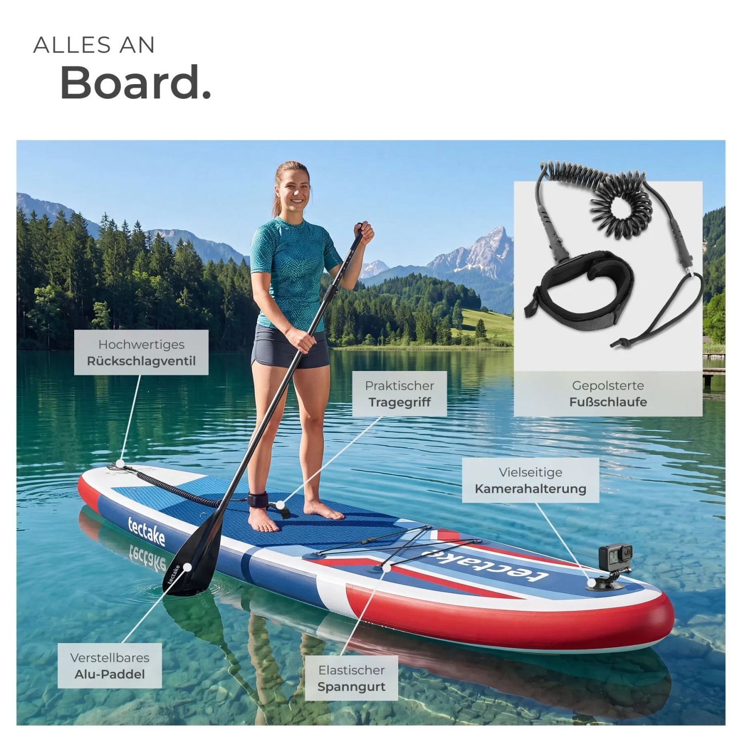 Frau auf Tectake Stand Up Paddle Board Poseidon auf See. Zeigt Paddel, Kamerahalterung, Fußschlaufe, Ventil.
