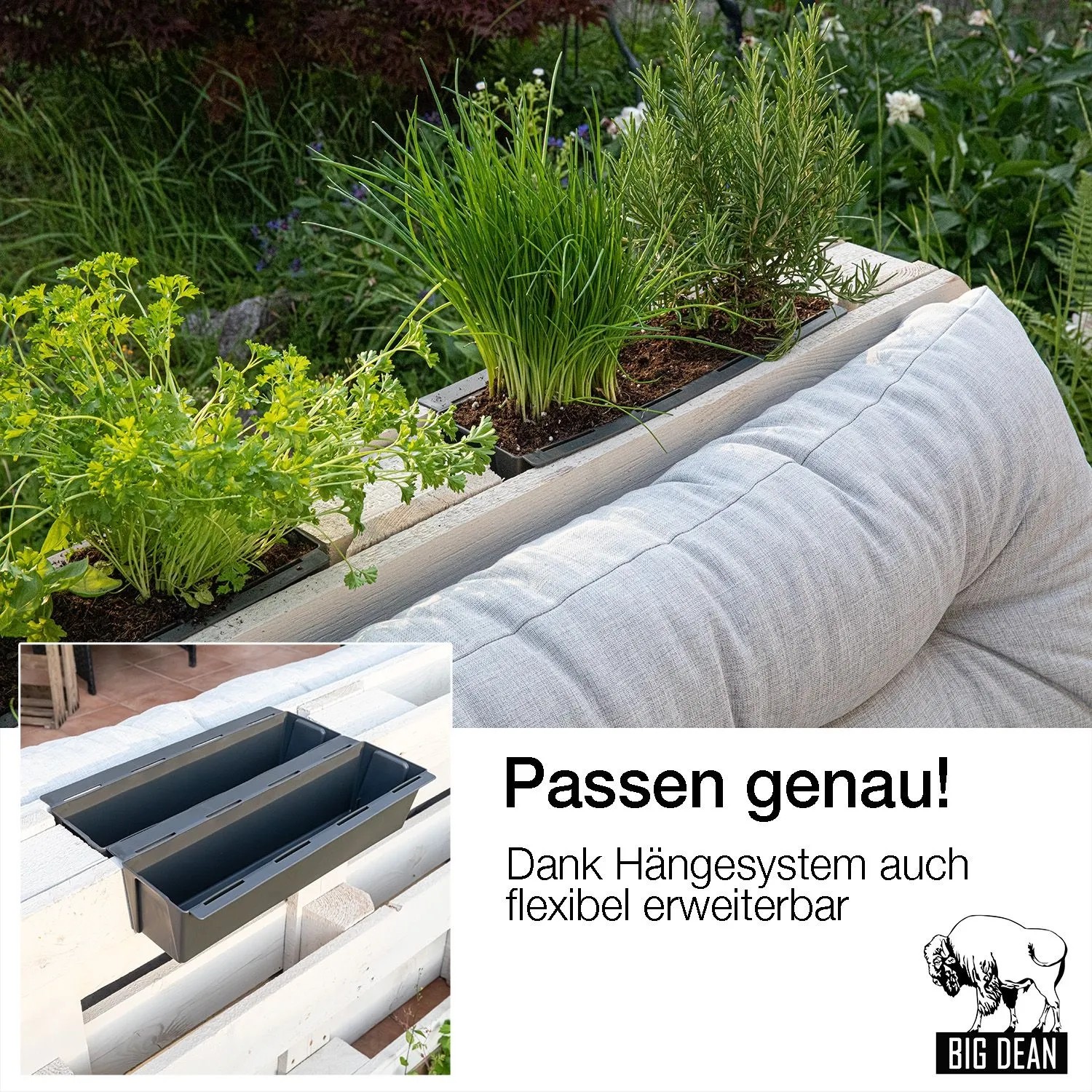 Anthrazit Paletten Blumenkästen Einsatz mit Kräutern in Europalette. Flexibles Hängesystem für Balkon & Garten.