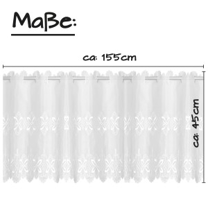 Weiße Bistrogardine Anja mit Blumenornament, 45x155 cm, für eine gemütliche Fensterdekoration.
