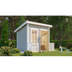 Lasita Maja Kinderspielhaus Flipp, lichtgrau, mit Terrasse und Fenster. Ideal für fantasievolles Spielen im Garten.