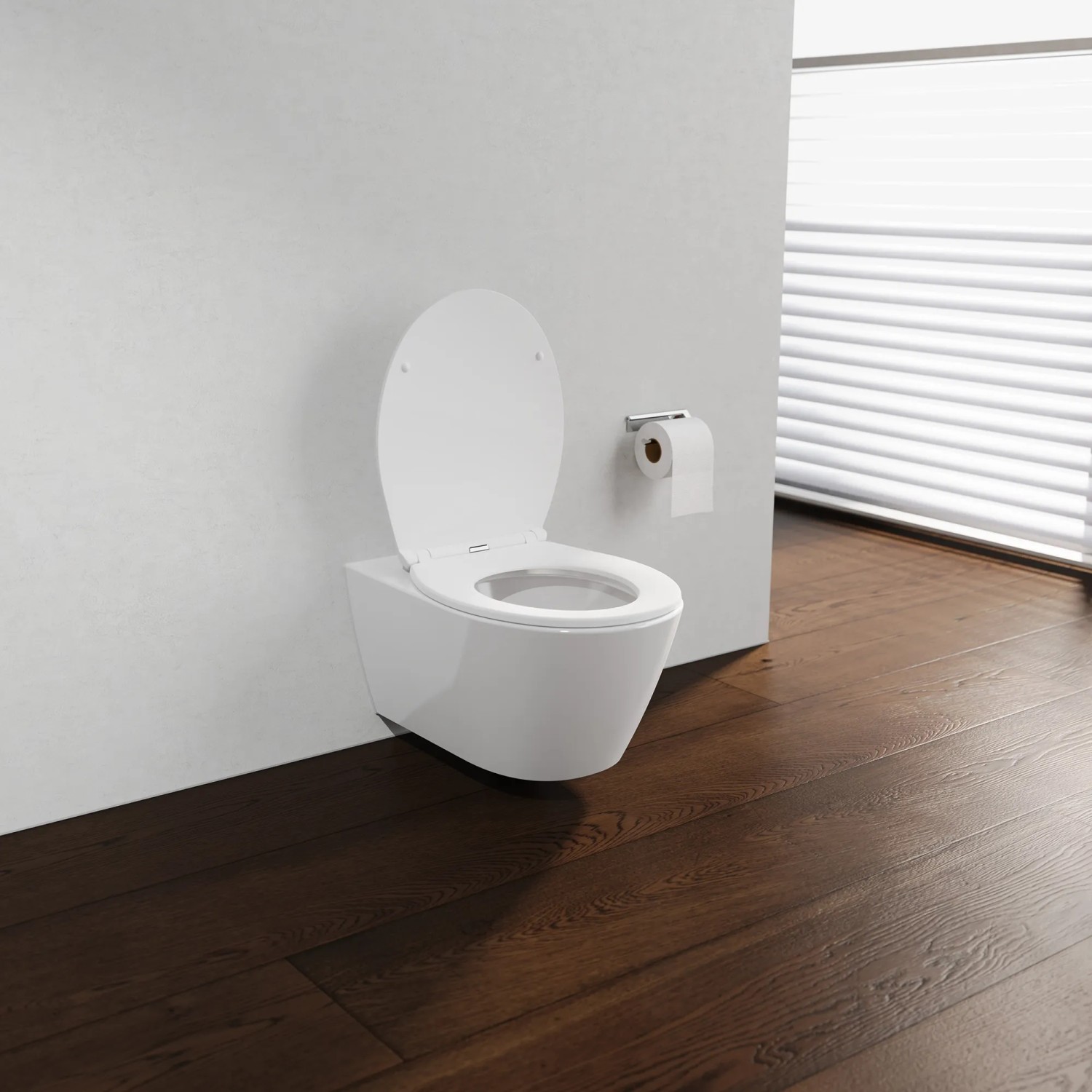Weißer Schütte WC-Sitz Premium Slim Form Thermoplast mit geöffnetem Deckel an Wand-WC.