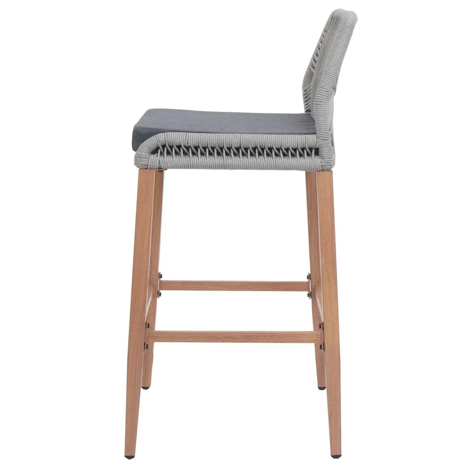 Hellgrauer Rope-Barhocker mit dunkelgrauem Kissen, Holz-Optik Beinen und Fußstütze. Modernes Design für Bar & Outdoor.