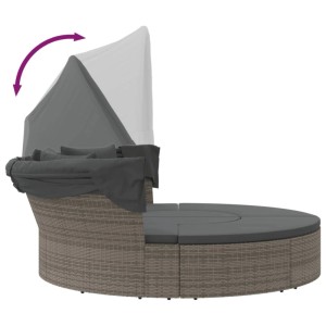 Graues Outdoor-Loungebett mit Dach und Kissen aus Polyrattan, verstellbares Sonnendach.