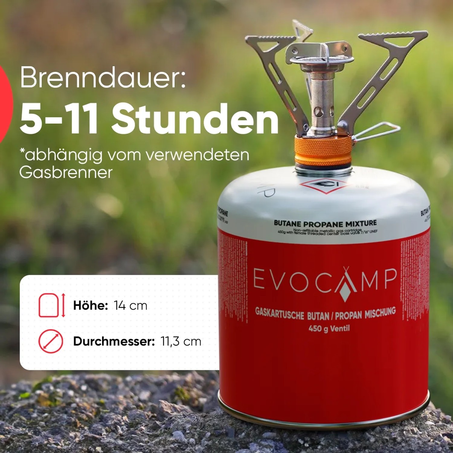 Evocamp Gaskartusche mit Schraubkartusche und Eurogewinde für Campingkocher, 450g.