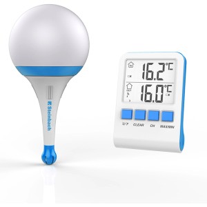 Solarleuchte mit Funkthermometer für Pools: Kugelleuchte und digitales Thermometer.