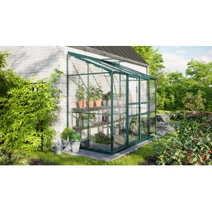 Vitavia Gewächshaus Ida 3300 Smaragd, Anlehngewächshaus mit Pflanzenregalen im Garten.