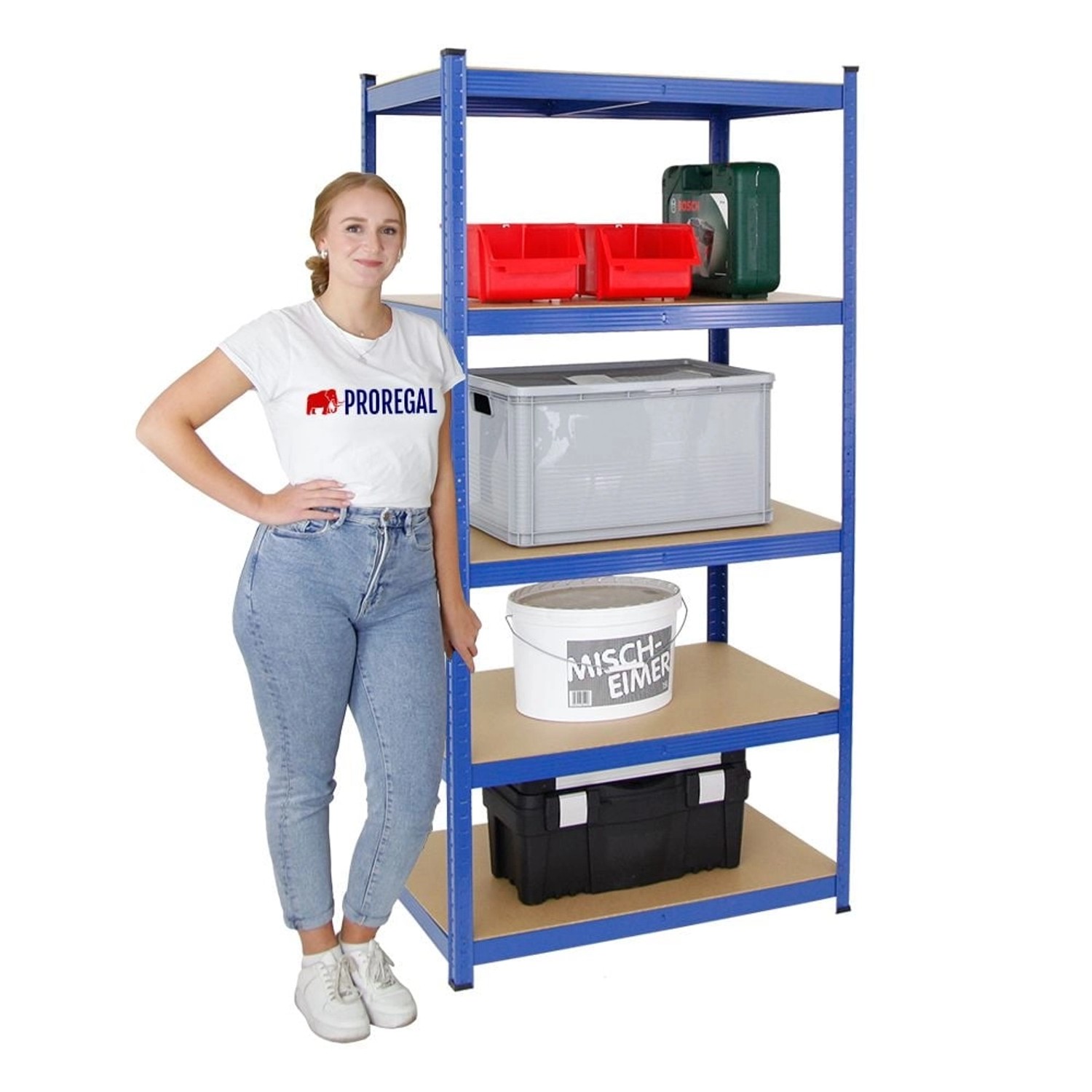 Blaues PROREGAL Schwerlastregal Taurus mit 5 Böden, beladen mit Werkstatt-Zubehör.