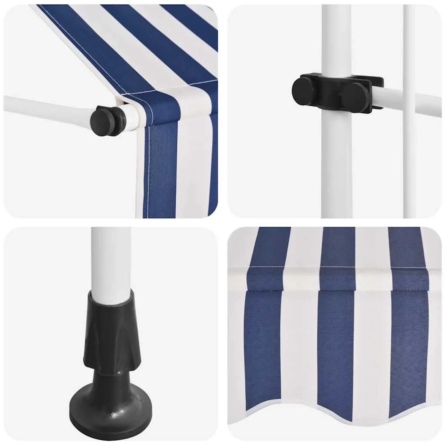 Detailansicht der blau-weiß gestreiften vidaXL Markise, handbetrieben, mit Stahlrahmen.