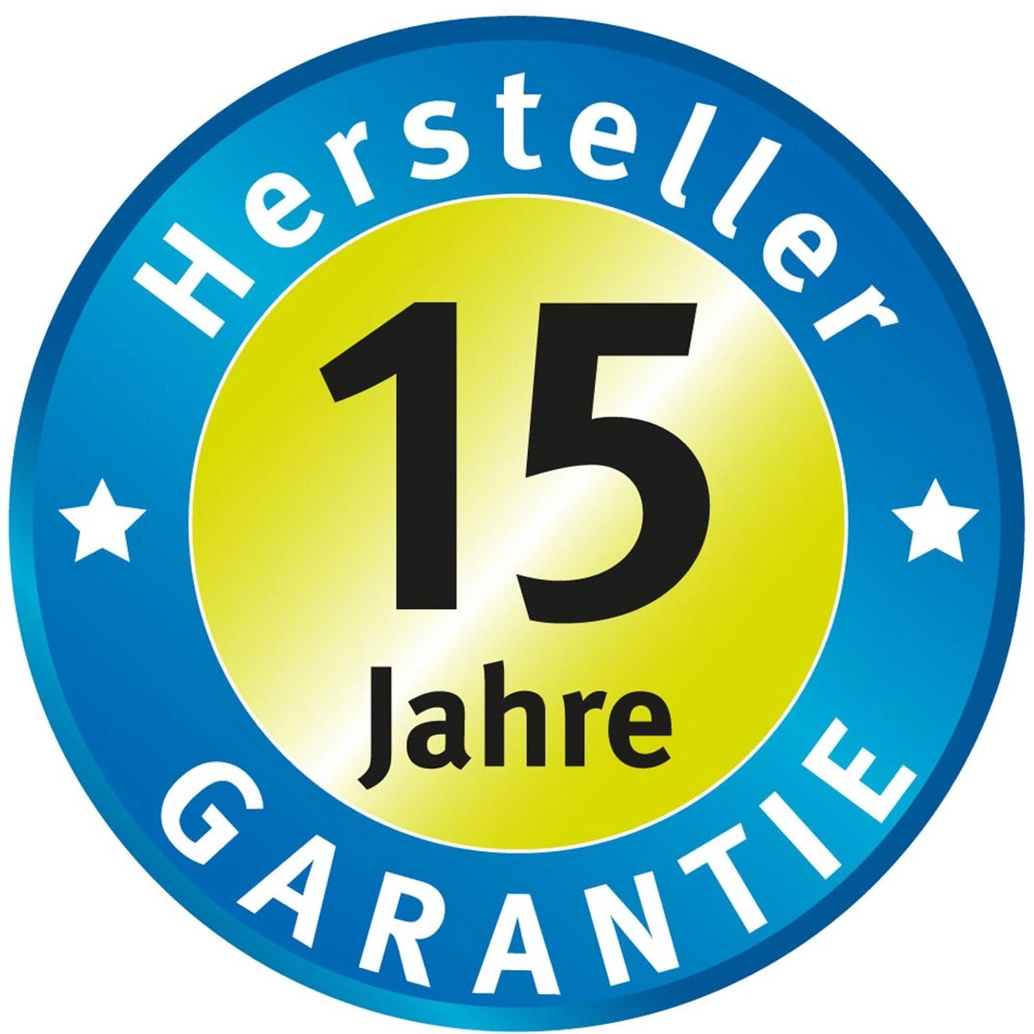 Herstellergarantie: 15 Jahre Garantie auf Erdtank. Kreisrundes Logo in blau/gelb.